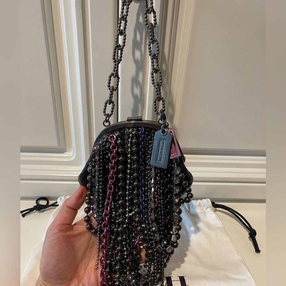 Ltd Coach jeweled black leather cocktail bag/clutch with chains & rhinestones - Picture 3 of 6